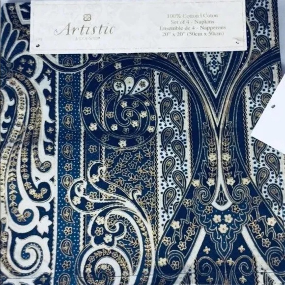 New Set Of 4 Table Clothe Napkin Artistic Accent Blue Paisley 100% Cotton Orient - Picture 4 of 4